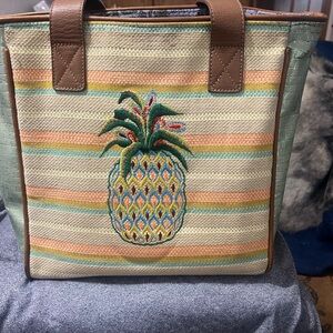 Consuela Embroidered Pineapple Striped Tote Bag in Cream and Tan